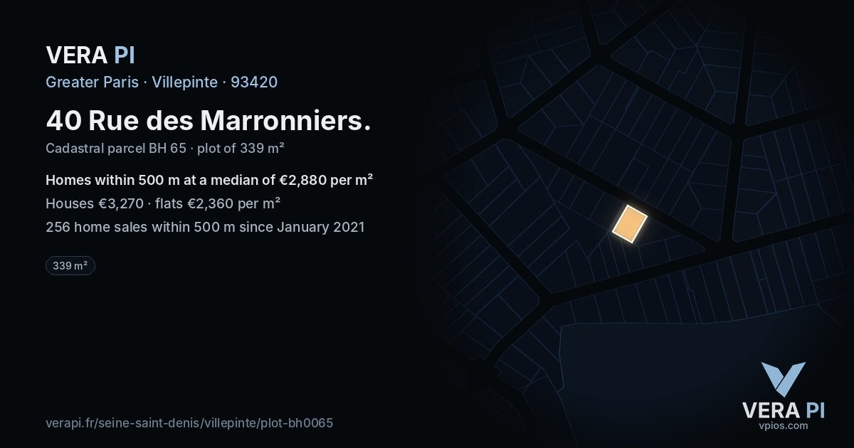 40 Rue des Marronniers, Villepinte at night – the plot lit, the parcels around coloured by the prices near them