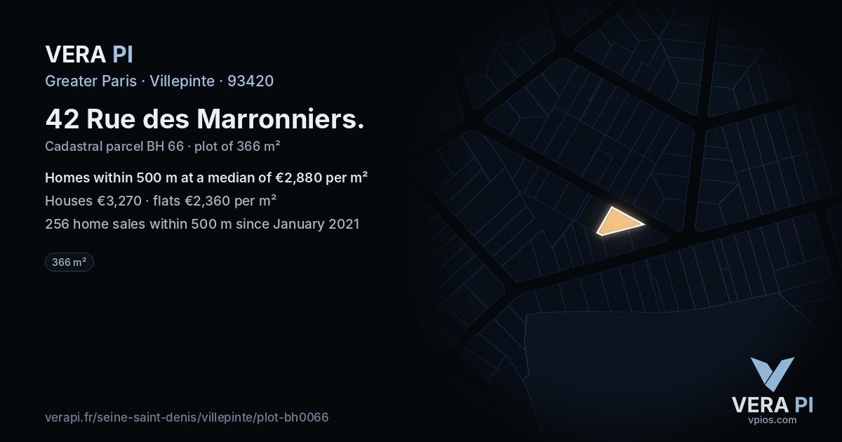 42 Rue des Marronniers, Villepinte at night – the plot lit, the parcels around coloured by the prices near them
