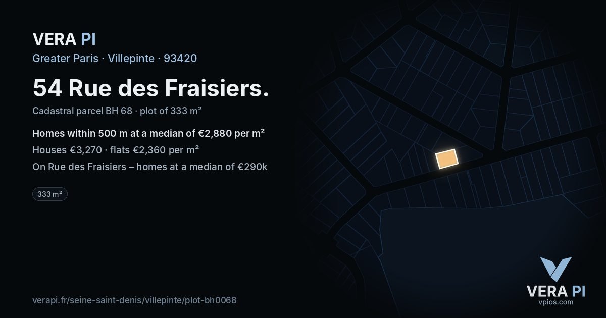 54 Rue des Fraisiers, Villepinte at night – the plot lit, the parcels around coloured by the prices near them