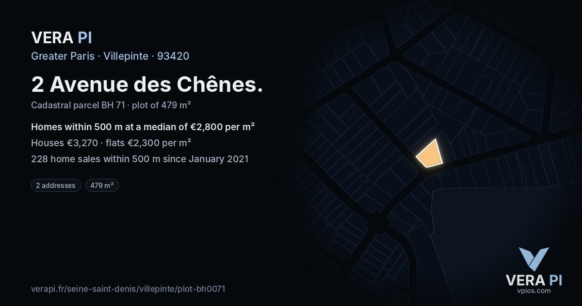2 Avenue des Chênes, Villepinte at night – the plot lit, the parcels around coloured by the prices near them