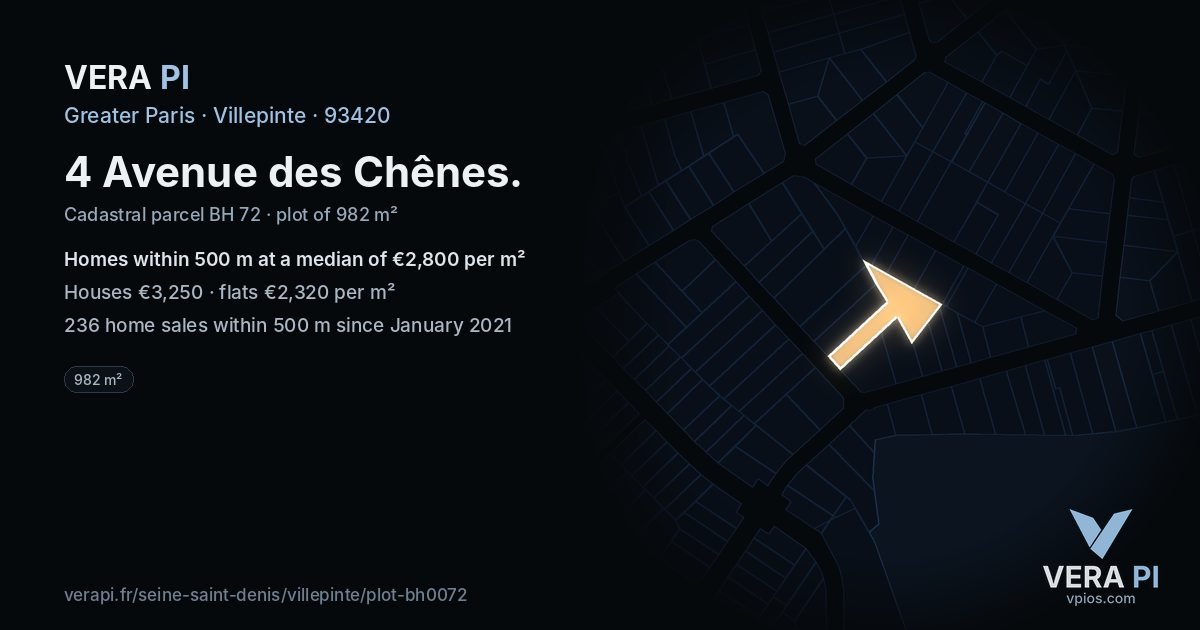 4 Avenue des Chênes, Villepinte at night – the plot lit, the parcels around coloured by the prices near them