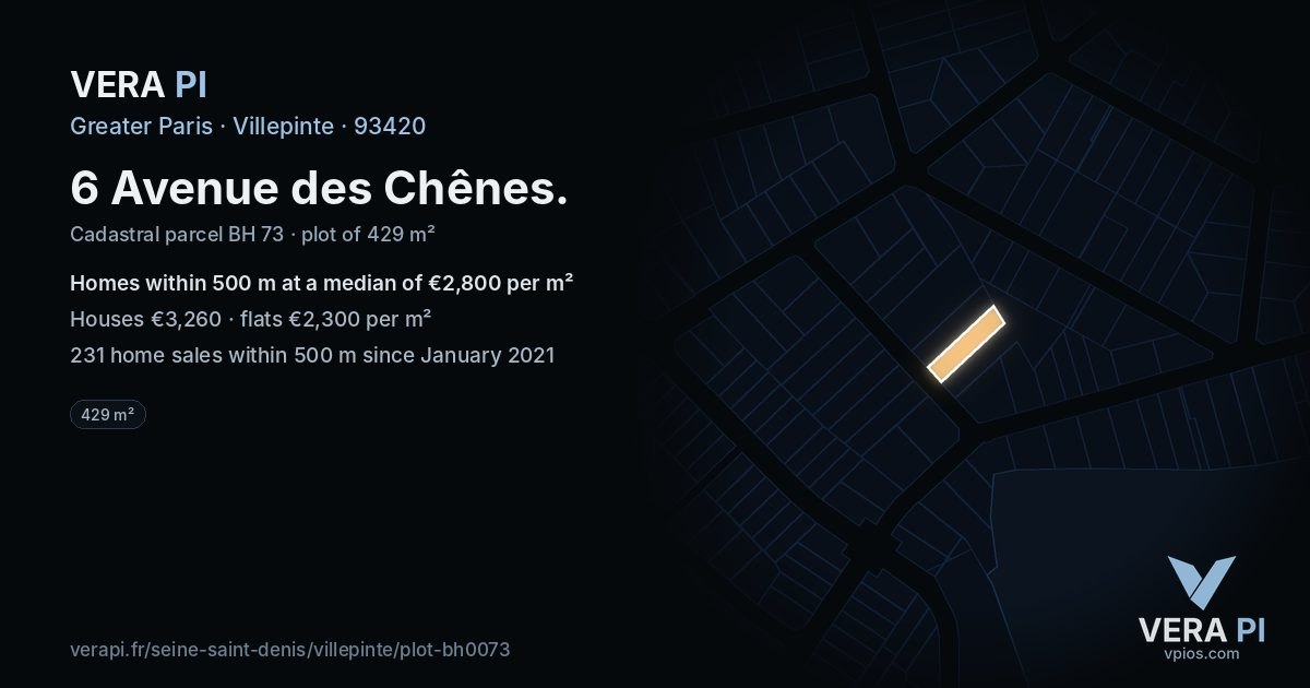 6 Avenue des Chênes, Villepinte at night – the plot lit, the parcels around coloured by the prices near them