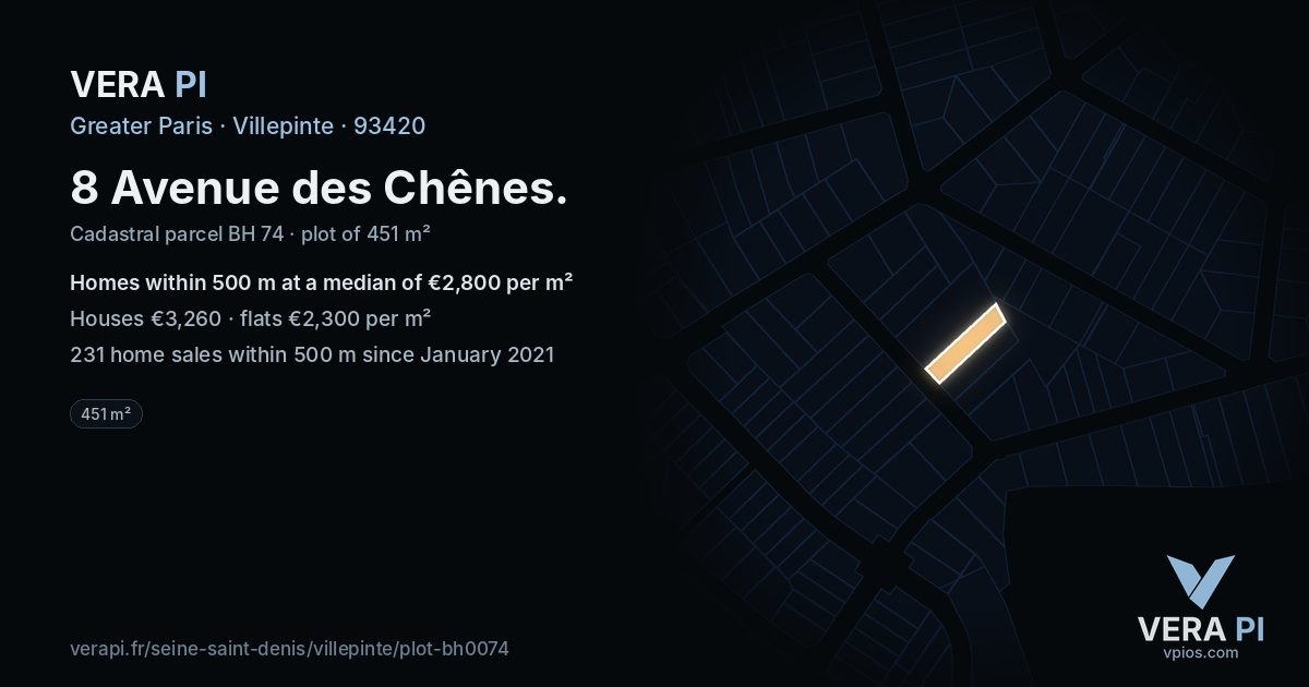 8 Avenue des Chênes, Villepinte at night – the plot lit, the parcels around coloured by the prices near them