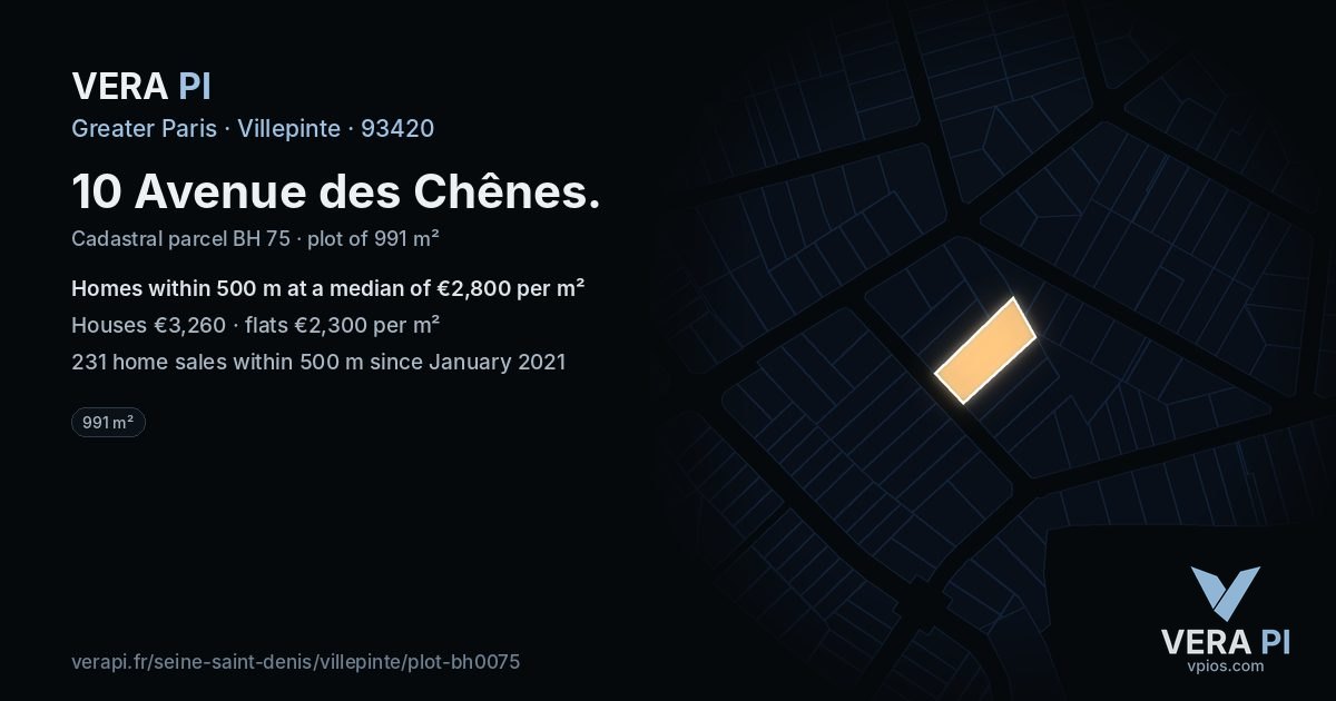 10 Avenue des Chênes, Villepinte at night – the plot lit, the parcels around coloured by the prices near them