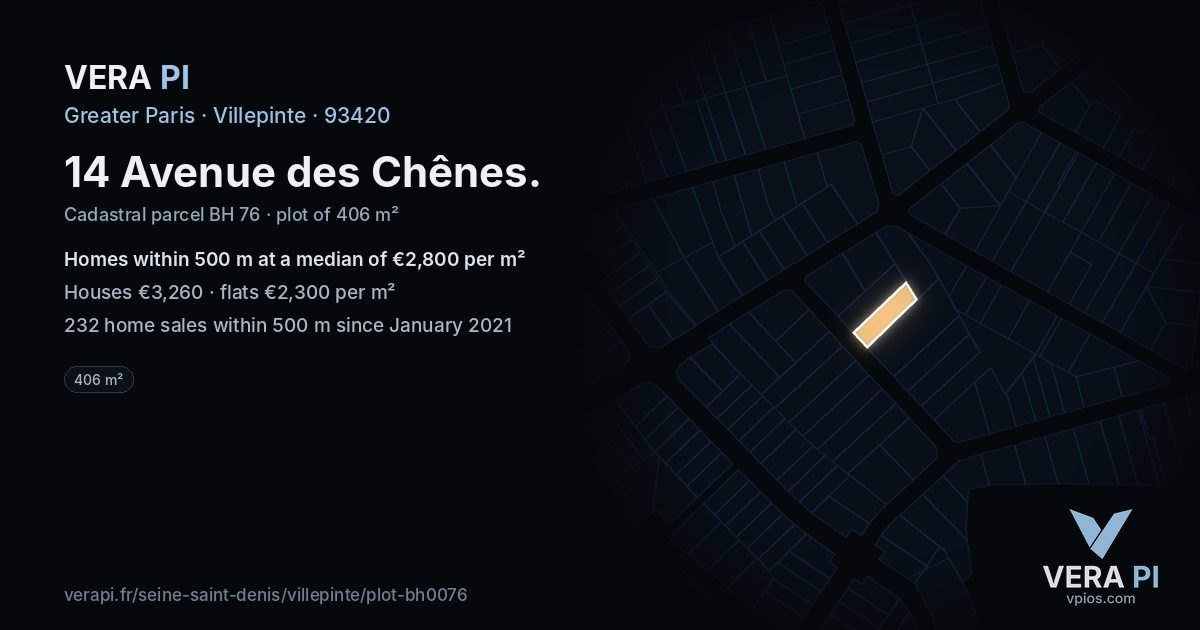 14 Avenue des Chênes, Villepinte at night – the plot lit, the parcels around coloured by the prices near them