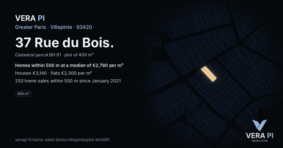 37 Rue du Bois, Villepinte at night – the plot lit, the parcels around coloured by the prices near them