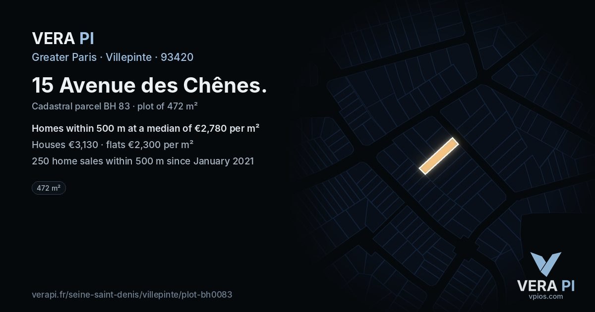 15 Avenue des Chênes, Villepinte at night – the plot lit, the parcels around coloured by the prices near them