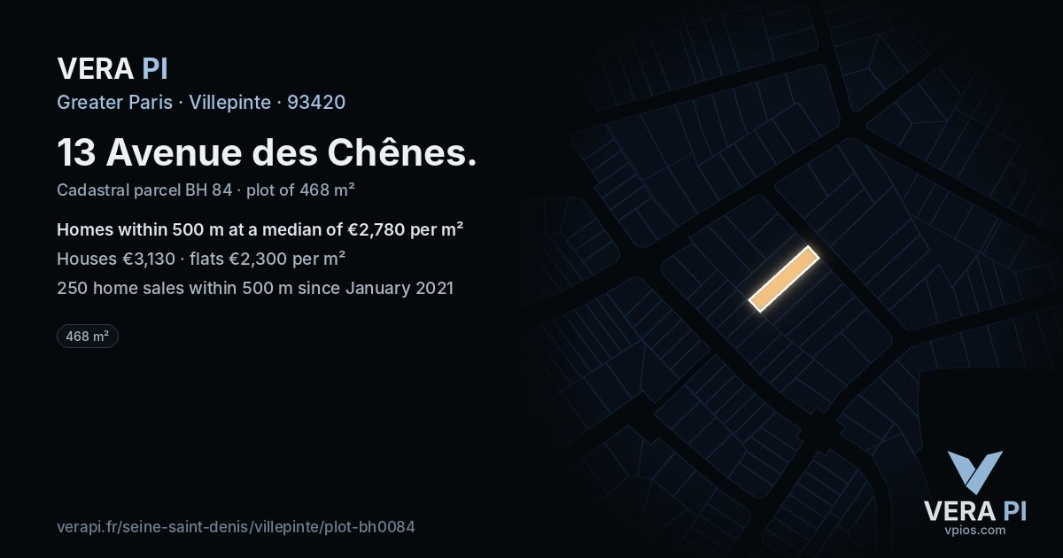 13 Avenue des Chênes, Villepinte at night – the plot lit, the parcels around coloured by the prices near them