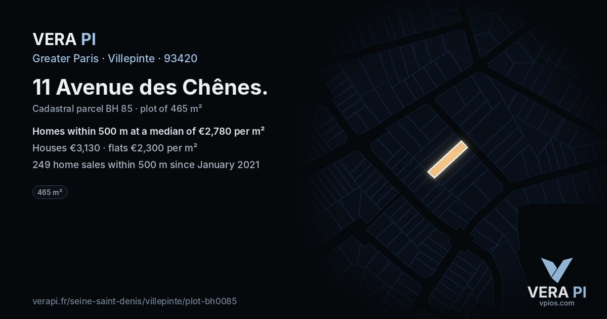11 Avenue des Chênes, Villepinte at night – the plot lit, the parcels around coloured by the prices near them