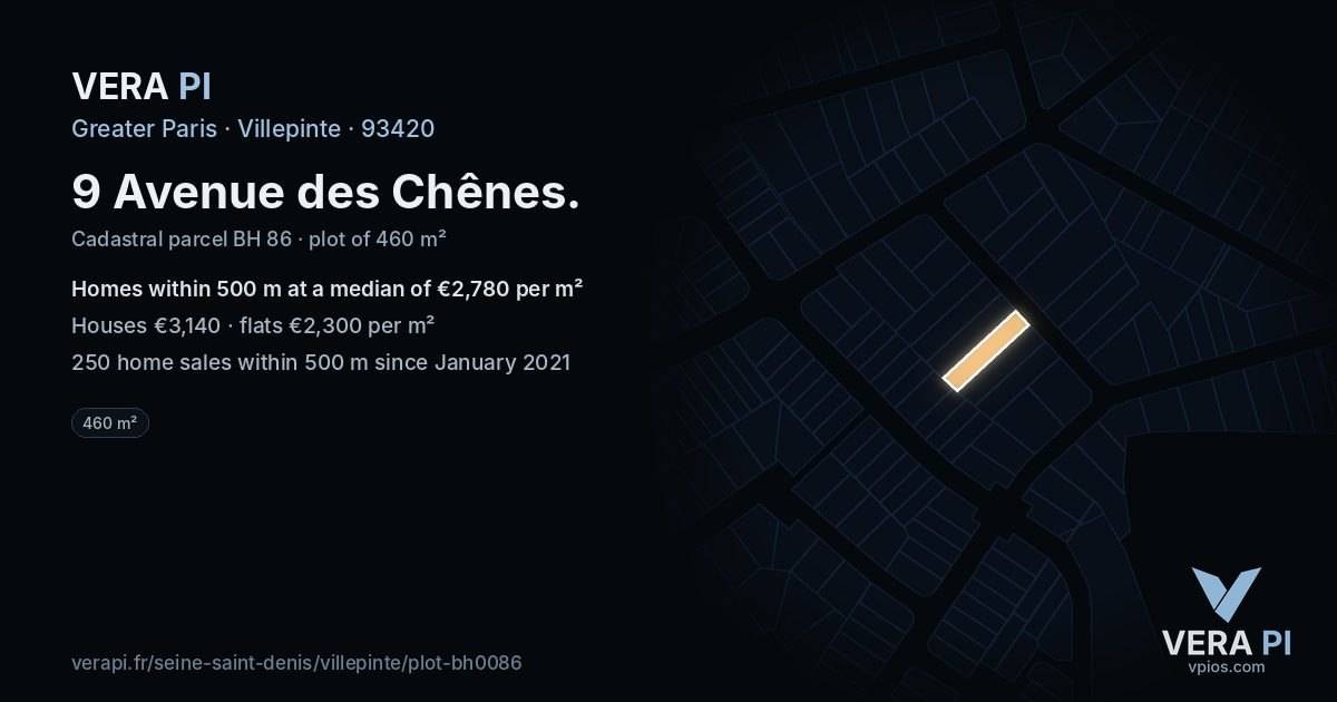 9 Avenue des Chênes, Villepinte at night – the plot lit, the parcels around coloured by the prices near them