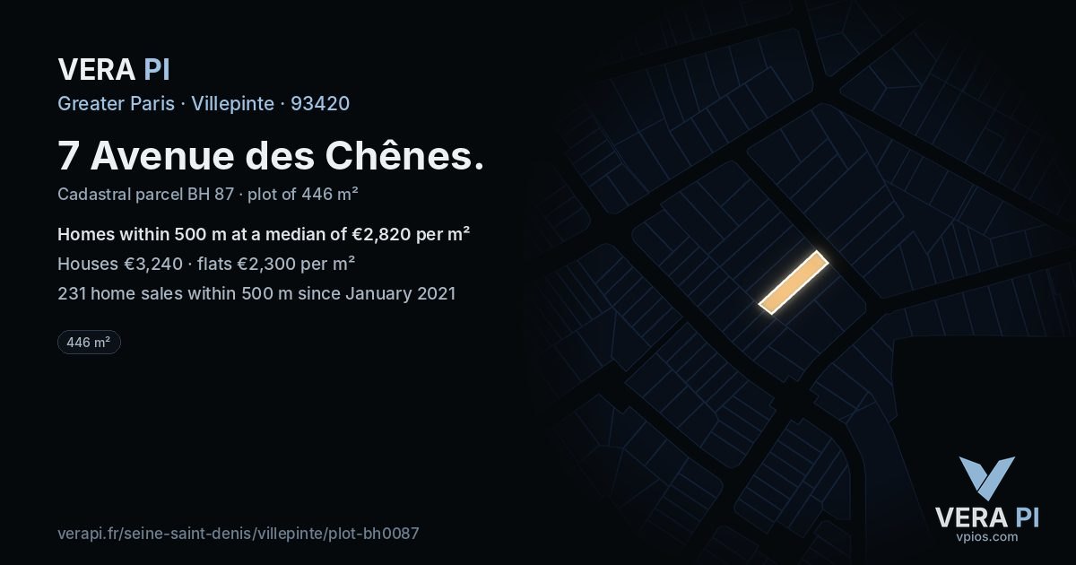 7 Avenue des Chênes, Villepinte at night – the plot lit, the parcels around coloured by the prices near them