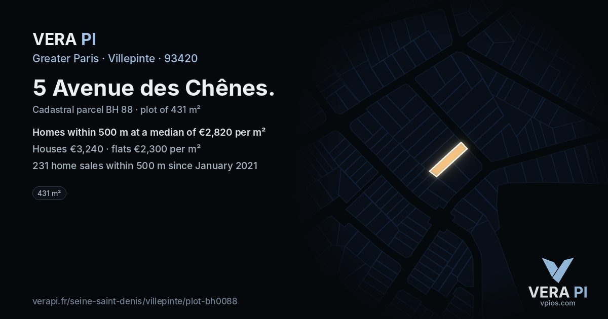 5 Avenue des Chênes, Villepinte at night – the plot lit, the parcels around coloured by the prices near them