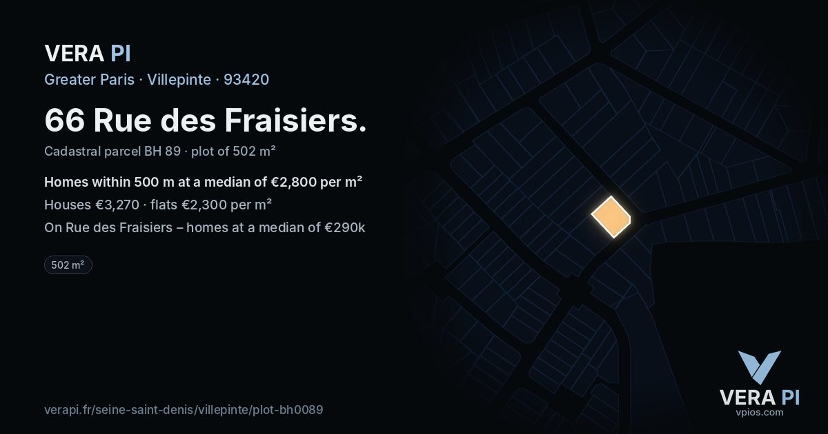 66 Rue des Fraisiers, Villepinte at night – the plot lit, the parcels around coloured by the prices near them