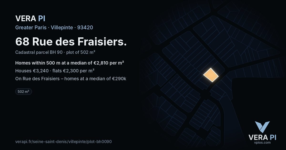 68 Rue des Fraisiers, Villepinte at night – the plot lit, the parcels around coloured by the prices near them