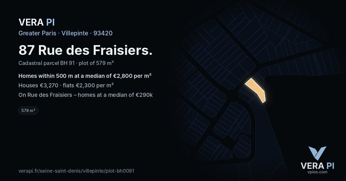 87 Rue des Fraisiers, Villepinte at night – the plot lit, the parcels around coloured by the prices near them