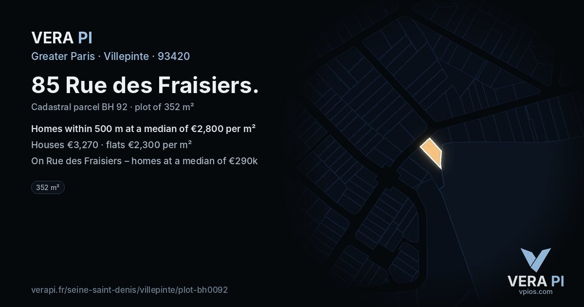 85 Rue des Fraisiers, Villepinte at night – the plot lit, the parcels around coloured by the prices near them