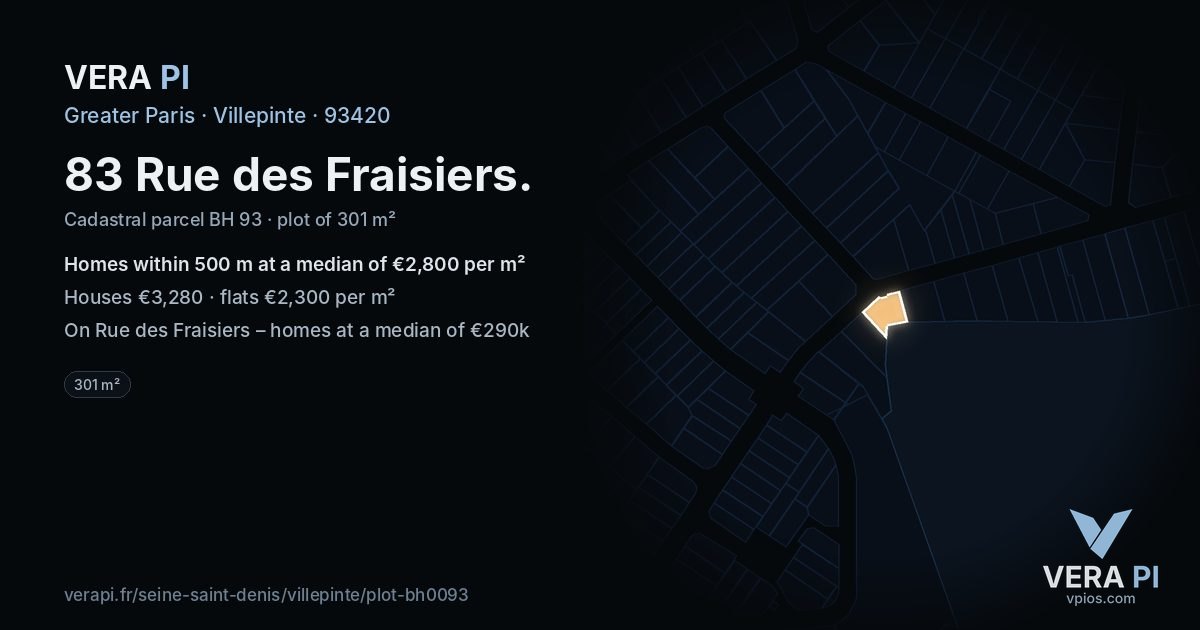 83 Rue des Fraisiers, Villepinte at night – the plot lit, the parcels around coloured by the prices near them