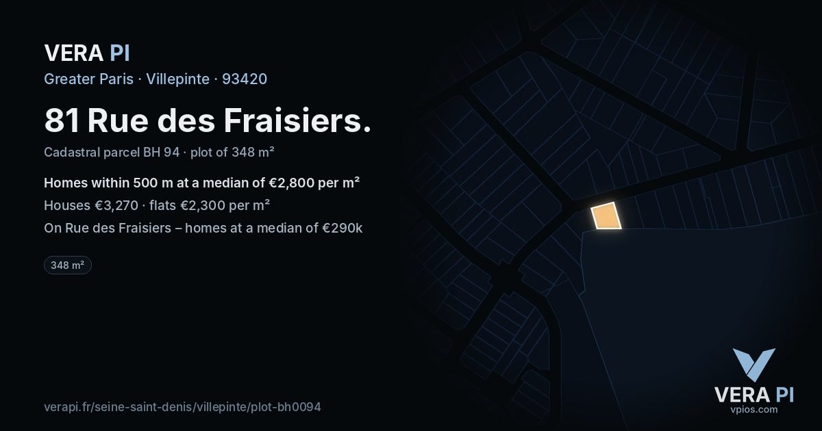 81 Rue des Fraisiers, Villepinte at night – the plot lit, the parcels around coloured by the prices near them