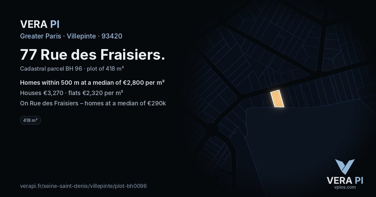 77 Rue des Fraisiers, Villepinte at night – the plot lit, the parcels around coloured by the prices near them