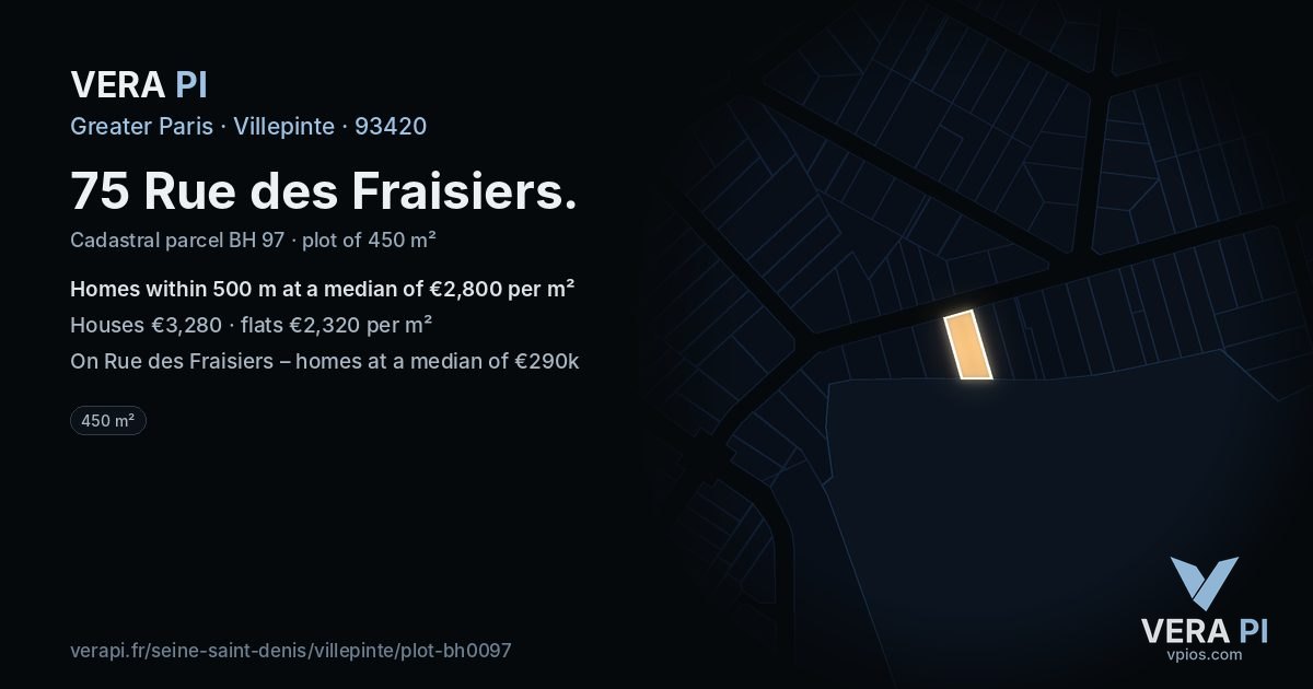 75 Rue des Fraisiers, Villepinte at night – the plot lit, the parcels around coloured by the prices near them