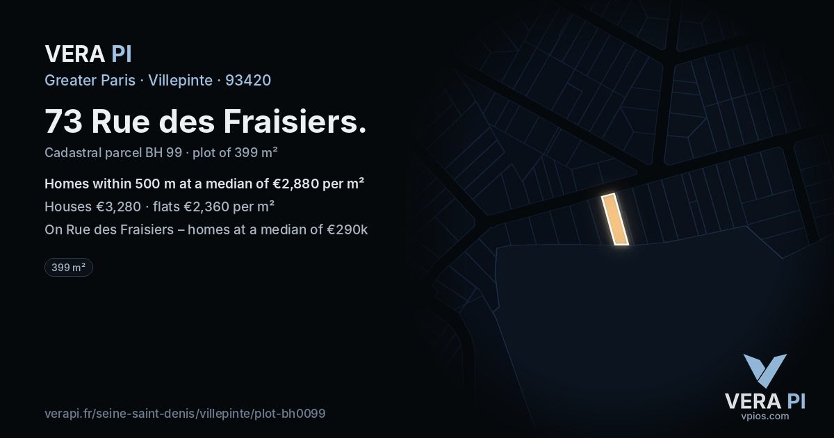 73 Rue des Fraisiers, Villepinte at night – the plot lit, the parcels around coloured by the prices near them