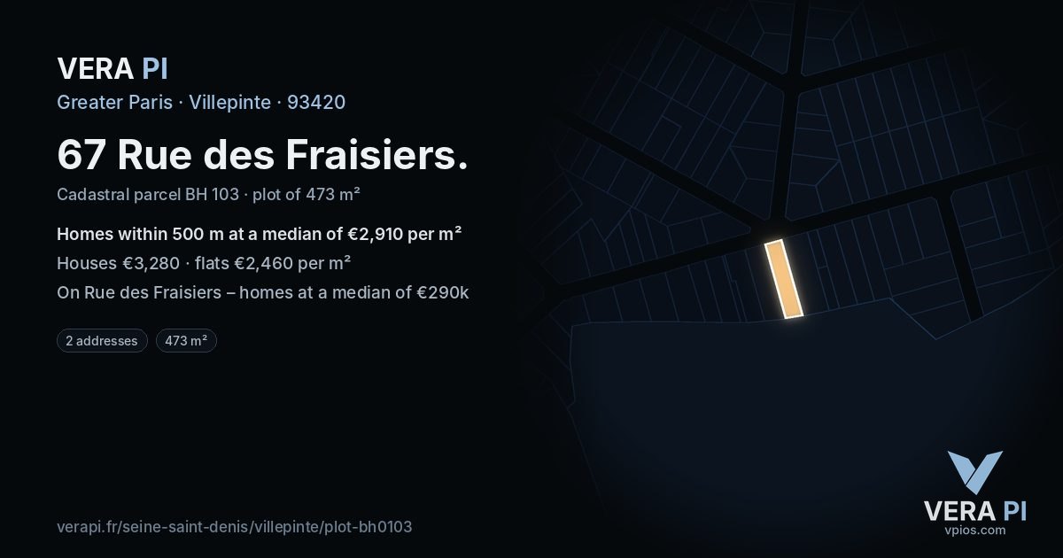 67 Rue des Fraisiers, Villepinte at night – the plot lit, the parcels around coloured by the prices near them