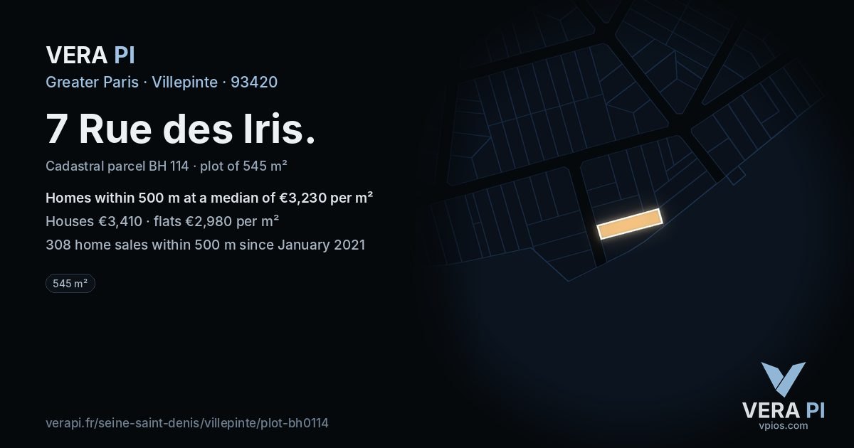 7 Rue des Iris, Villepinte at night – the plot lit, the parcels around coloured by the prices near them