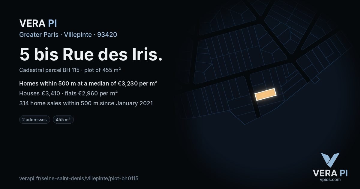 5 bis Rue des Iris, Villepinte at night – the plot lit, the parcels around coloured by the prices near them