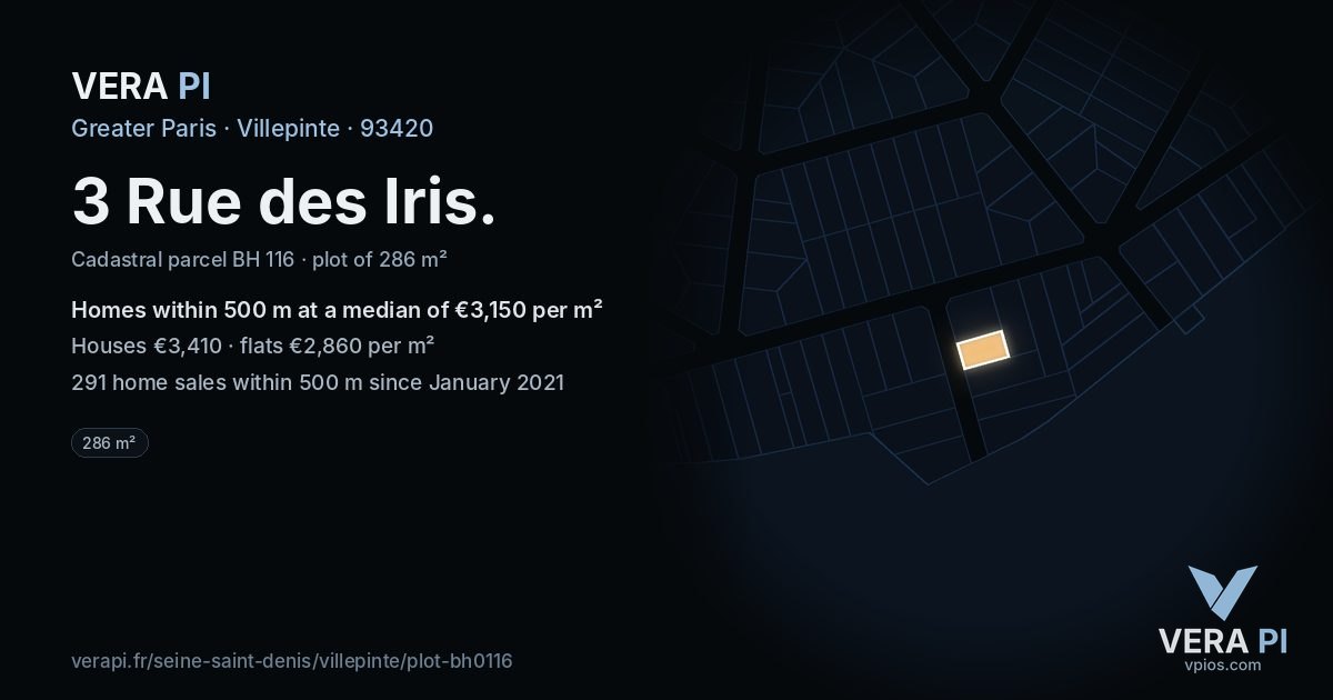 3 Rue des Iris, Villepinte at night – the plot lit, the parcels around coloured by the prices near them