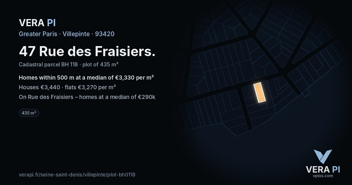 47 Rue des Fraisiers, Villepinte at night – the plot lit, the parcels around coloured by the prices near them