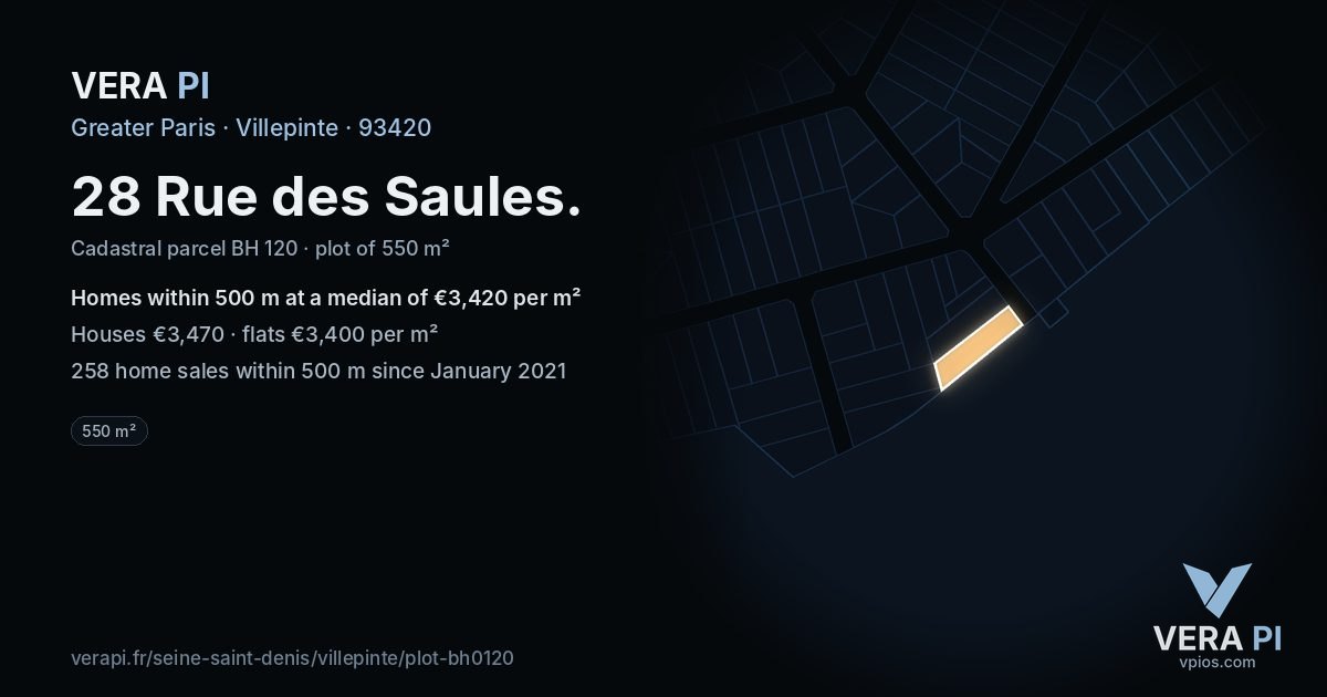 28 Rue des Saules, Villepinte at night – the plot lit, the parcels around coloured by the prices near them