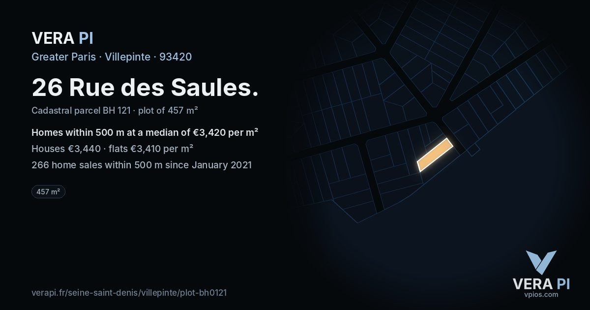 26 Rue des Saules, Villepinte at night – the plot lit, the parcels around coloured by the prices near them