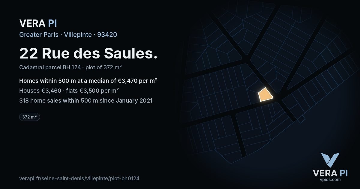 22 Rue des Saules, Villepinte at night – the plot lit, the parcels around coloured by the prices near them