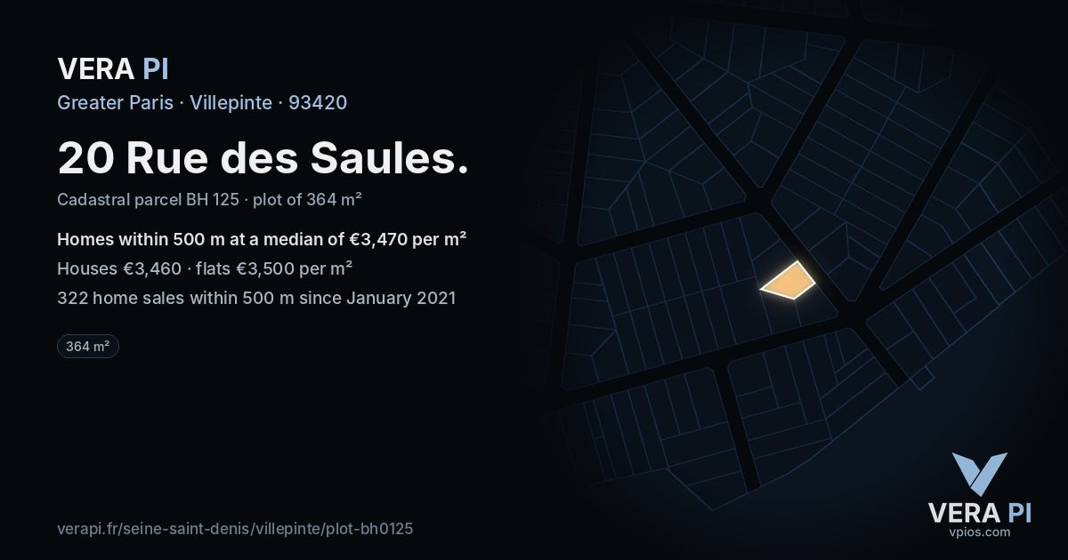 20 Rue des Saules, Villepinte at night – the plot lit, the parcels around coloured by the prices near them
