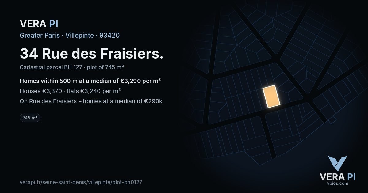 34 Rue des Fraisiers, Villepinte at night – the plot lit, the parcels around coloured by the prices near them