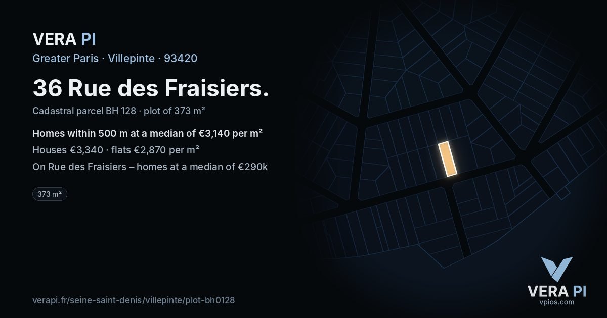 36 Rue des Fraisiers, Villepinte at night – the plot lit, the parcels around coloured by the prices near them