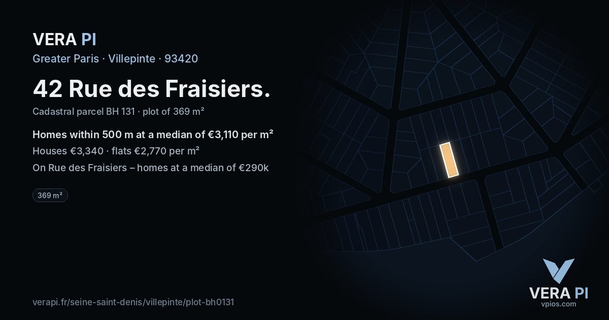 42 Rue des Fraisiers, Villepinte at night – the plot lit, the parcels around coloured by the prices near them