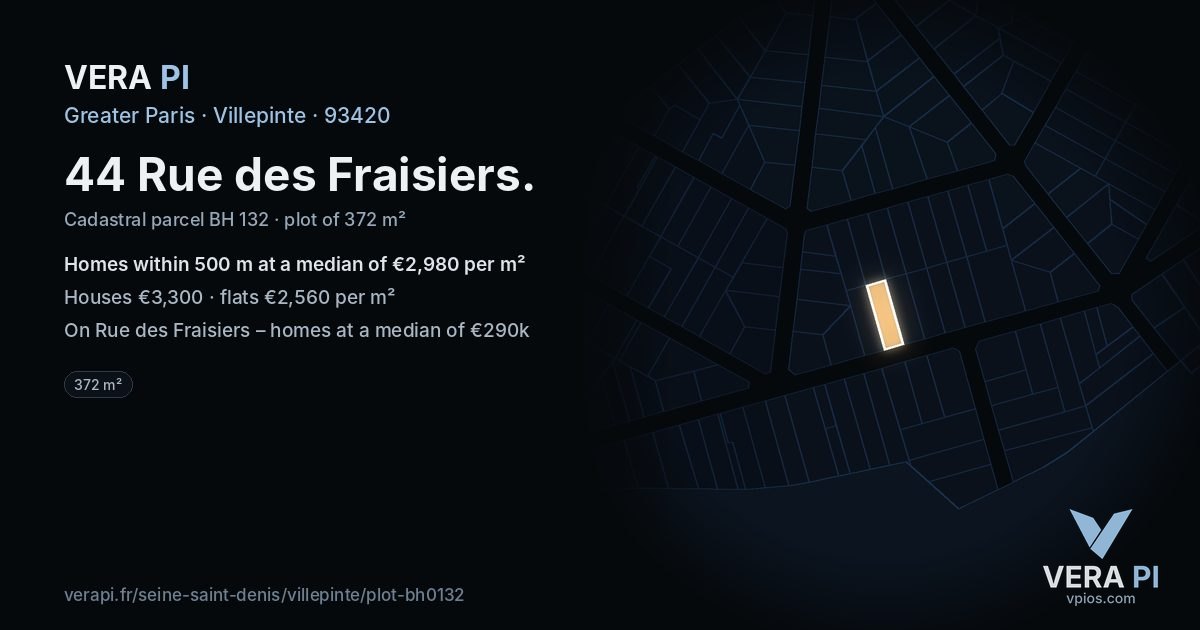 44 Rue des Fraisiers, Villepinte at night – the plot lit, the parcels around coloured by the prices near them