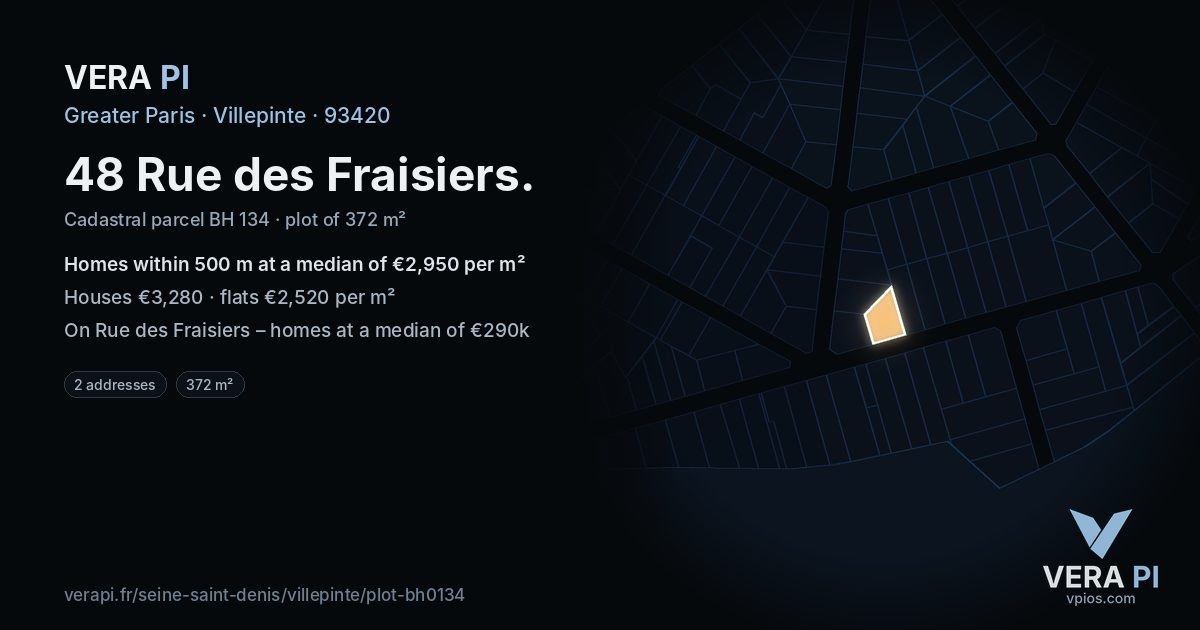 48 Rue des Fraisiers, Villepinte at night – the plot lit, the parcels around coloured by the prices near them