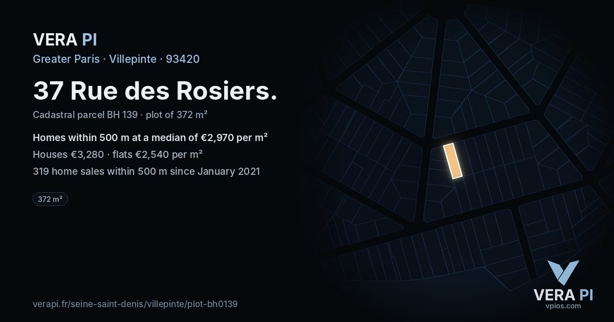 37 Rue des Rosiers, Villepinte at night – the plot lit, the parcels around coloured by the prices near them