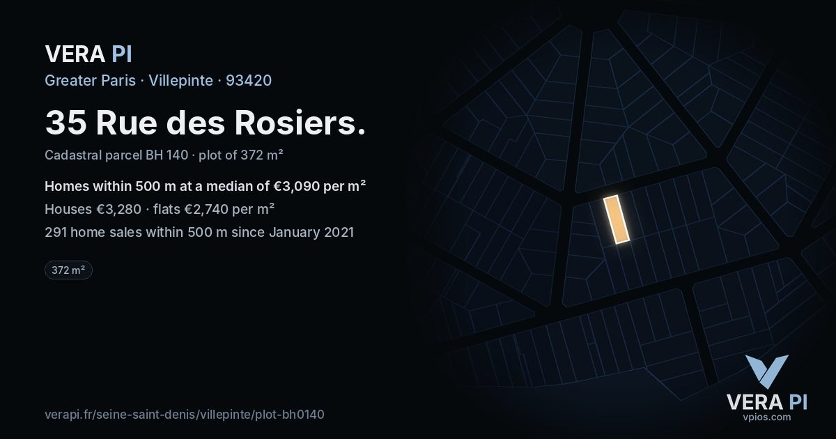 35 Rue des Rosiers, Villepinte at night – the plot lit, the parcels around coloured by the prices near them