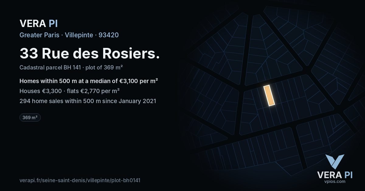 33 Rue des Rosiers, Villepinte at night – the plot lit, the parcels around coloured by the prices near them