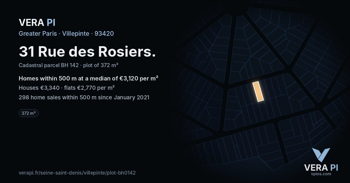 31 Rue des Rosiers, Villepinte at night – the plot lit, the parcels around coloured by the prices near them