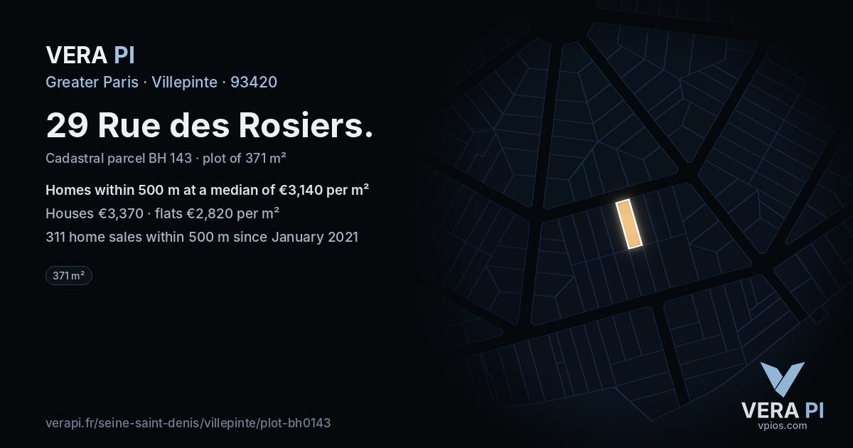 29 Rue des Rosiers, Villepinte at night – the plot lit, the parcels around coloured by the prices near them