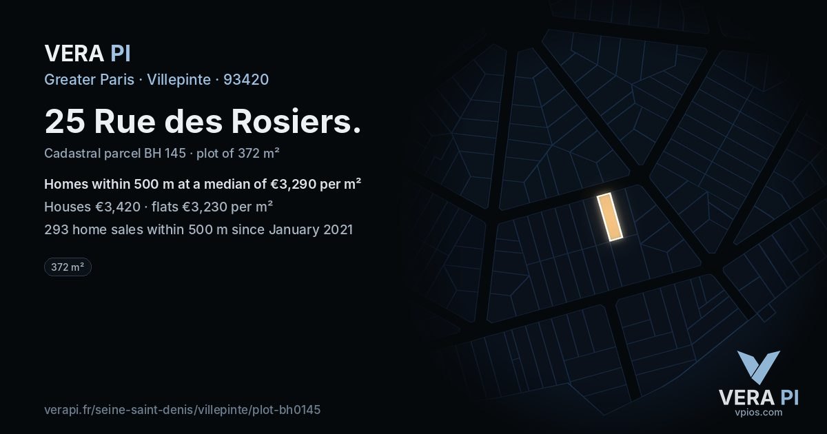 25 Rue des Rosiers, Villepinte at night – the plot lit, the parcels around coloured by the prices near them