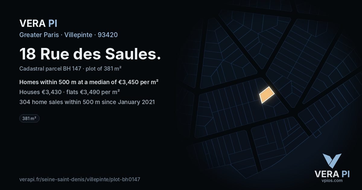 18 Rue des Saules, Villepinte at night – the plot lit, the parcels around coloured by the prices near them
