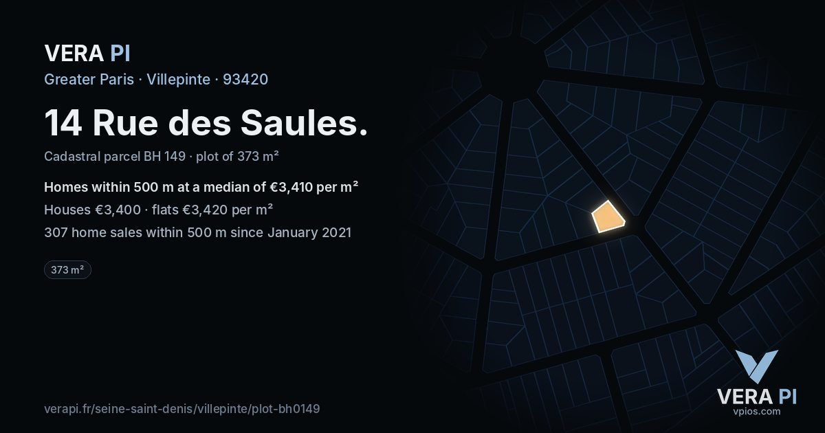 14 Rue des Saules, Villepinte at night – the plot lit, the parcels around coloured by the prices near them