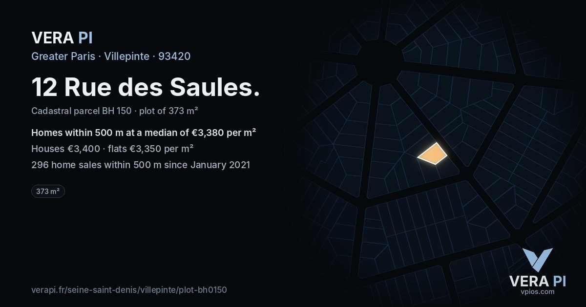 12 Rue des Saules, Villepinte at night – the plot lit, the parcels around coloured by the prices near them