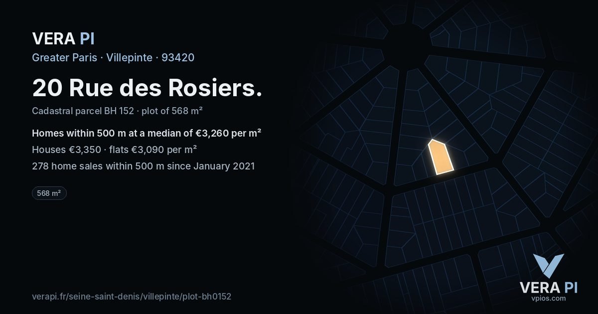 20 Rue des Rosiers, Villepinte at night – the plot lit, the parcels around coloured by the prices near them