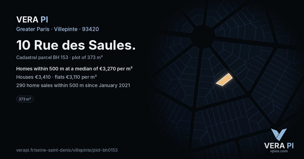 10 Rue des Saules, Villepinte at night – the plot lit, the parcels around coloured by the prices near them